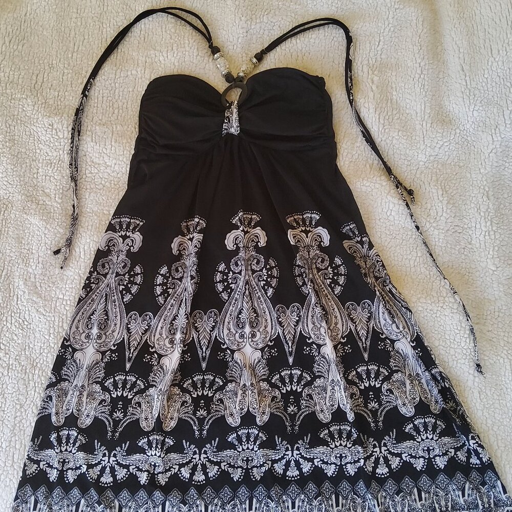 Y2K Boho Grunge Monochromatic Paisley Halter Dress Beaded Straps Sweetheart Bust
